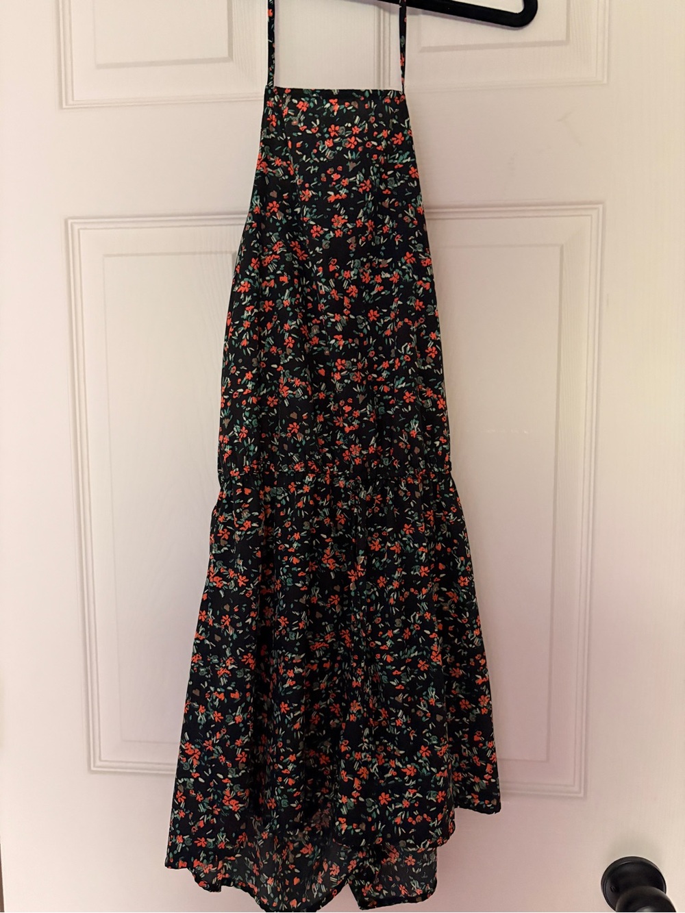 Floral Tiered Romper in Black with Red & Green Print